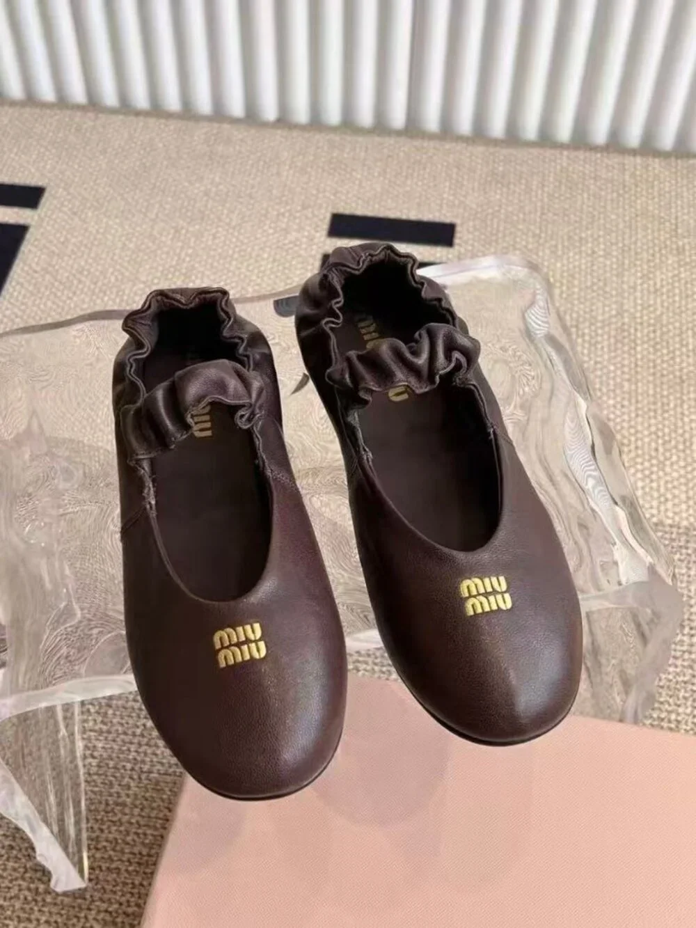 Miu Miu Dark Brown Leather Ruched Strap Ballet Flats